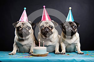 Three pug dogs in party hats with cake with candles