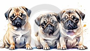 Three pug puppies resting side by side on a white background. AI created.