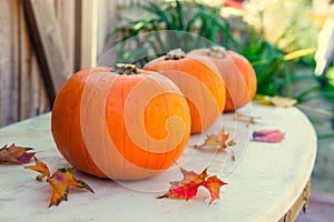 Three pumpkins with fall leaves on stone table with gaarden seasonal background. Autumn harvest, thanksgiving, halloween concept.