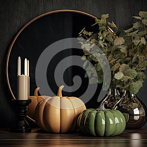 three pumpkins on a table next to a mirror