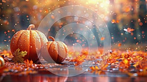 Three Pumpkins on Water Puddle