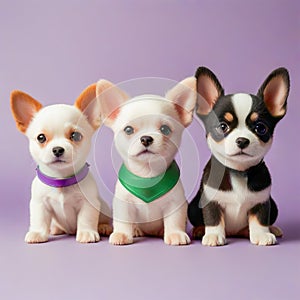 Three puppies in a row on a purple background