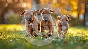 Three Puppies Running Through Grass