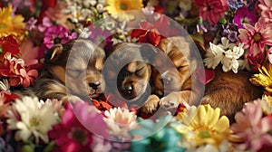 Three puppies are sleeping in a bed of flowers