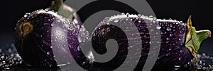 Three purple eggplants with water drops on a black background