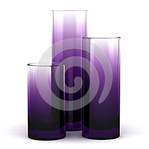 Three purple glass vases isolated on white