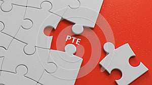 Three puzzle pieces with missing pieces with the letters PTE