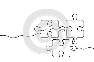 Three puzzle pieces of one continuous line drawn. One hand-drawn line of jigsaw puzzle element. Vector