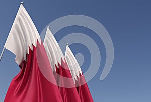 Three Qatar flag on flagpole on blue background. Place for text. The flag is unfurling in wind. Doha. Middle East. 3D illustration
