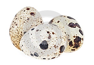 Three quail eggs on white background