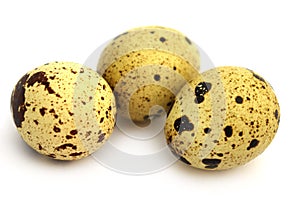 Three quail eggs on a white background with shadow