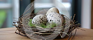 Three Quails Nesting in Grass Nest