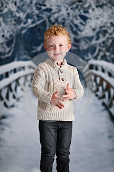Young boy stood in snow photo