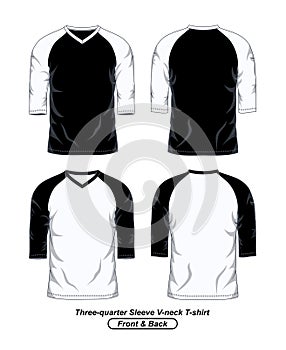 Three Quarter Sleeve V Neck Raglan T-Shirt Template, Front And Back, Black And White