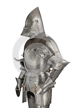 Three quarter view of knight in armour isolated on white