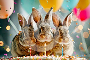 Three rabbits with birthday candle between them. Generative AI