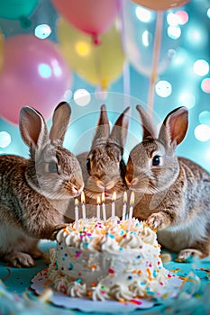 Three rabbits are gathered around birthday cake with lit candles. Generative AI