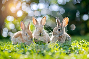 three rabbits on green grass