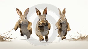 Three rabbits running on white background, AI