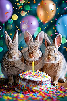 Three rabbits are sitting in front of cake with lit candle on it. Generative AI