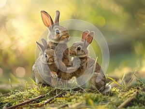 Three rabbits sitting in the grass