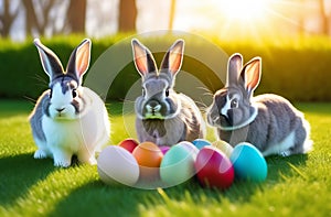 Three rabbits are sitting on a green lawn, on which lie multi colored Easter eggs.