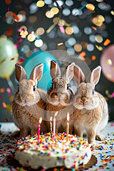 Three rabbits standing in front of birthday cake with lit candles. Generative AI
