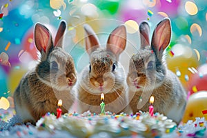 Three rabbits are standing in front of birthday cake with lit candles on it. Generative AI