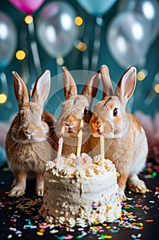 Three rabbits are standing in front of birthday cake with lit candles. Generative AI