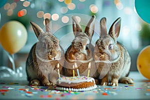 Three rabbits are standing in front of birthday cake with lit candles on it. Generative AI