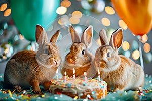 Three rabbits are standing in front of birthday cake with lit candles on it. Generative AI