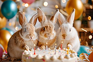 Three rabbits are standing in front of birthday cake with lit candles on it. Generative AI