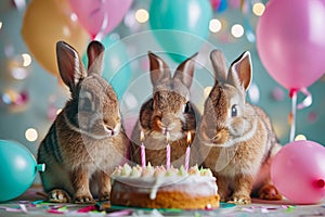 Three rabbits are standing next to birthday cake with lit candles on it. Generative AI