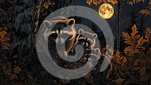 Three Raccoons Under the Moonlight in a Forest