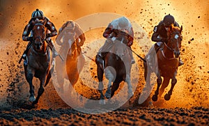 Three racing horses competing with each other with motion blur to accent speed and movement