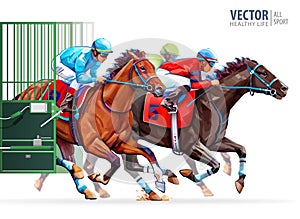 Three racing horses competing with each other. Start gates for horse races the traditional prize Derby. Hippodrome