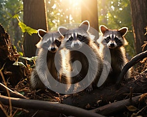 Three racoons are standing in a forest.