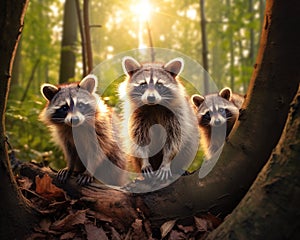 Three racoons are standing in a forest.