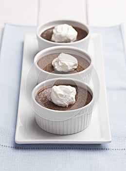 Three Ramekins of Chocolate Pot de Creme or Baked Custard with Whipped Cream