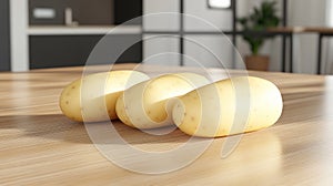 Three raw potatoes on a wooden kitchen table