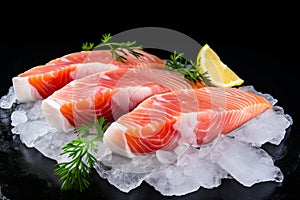 Three raw salmons on ice with lemon wedge and sprig of rosemary. Generative AI