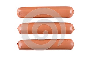 Three raw sausages in polyethylene shell isolated on white