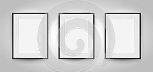Three realistic empty rectangular black frames with passepartout on gray background, border for your creative project, mock-up sam