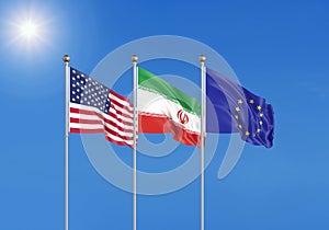Three realistic flags of European Union, USA United States of America and Iran. 3d illustration