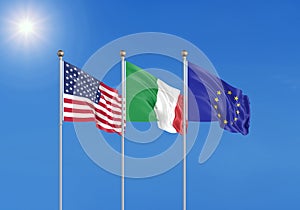 Three realistic flags of European Union, USA United States of America and Italy. 3d illustration