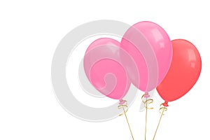 Three realistic flying balloons with golden ribbon illustration.Birthday greeting card with copy space for text.