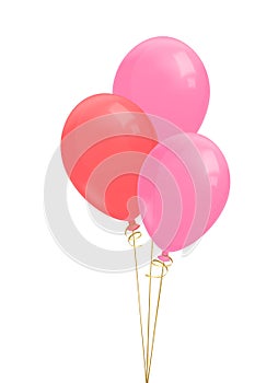 Three realistic flying balloons with golden ribbon illustration. Pink and red balloons. Isolated on white background.