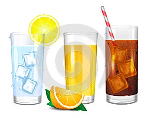 Three realistic glasses of drinks. Cola, water and orange juice