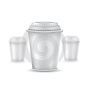 Three realistic mock up coffee or tea plastic cup with cap on white. Vector illustration one cup sharp and two cups dep