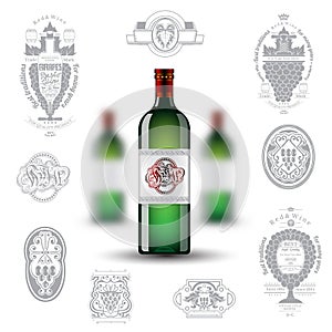 Three realistic mock up green bottle of wine and set of silhouette labels on white background